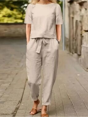 Neutral Two Piece Set | Relaxed Top & Tie-Waist Pants | Casual Chic Lounge Set